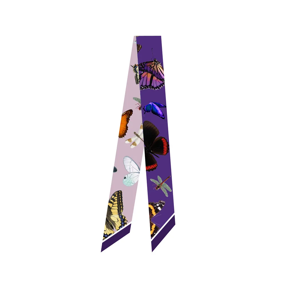 Magnolia Floral Long Ribbon Headband Small Women Silk Scarf Twill Head Tie Handle Bag Ribbons Scarves Hijab