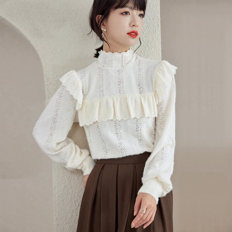 

Long Sleeves Luxury Clothes Women Sweater Boss Fashion White Ruffles Women's Sweaters 2022 Pullover Womens Clothing Korean Top