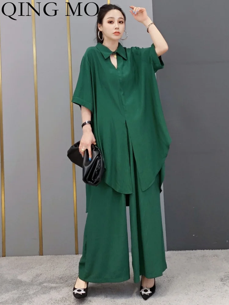 

QING MO 2023 Spring Summer New Fashion Suit Short Sleeve Shirt + Wide Leg Pants Large Size Women's Two-piece Pant Set ZXF1203