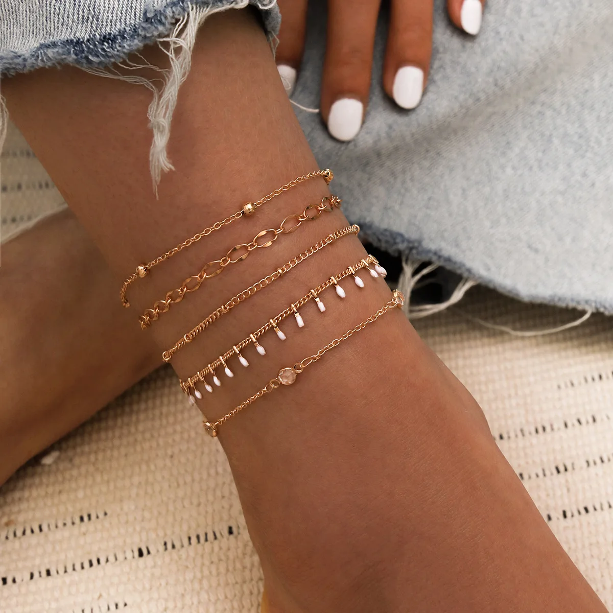 

5PCS White Dropped Crystal Beads Multi Layered Anklet Charm Gold Plated Anklets Jewelry For Women Summer Beach Handmade Party