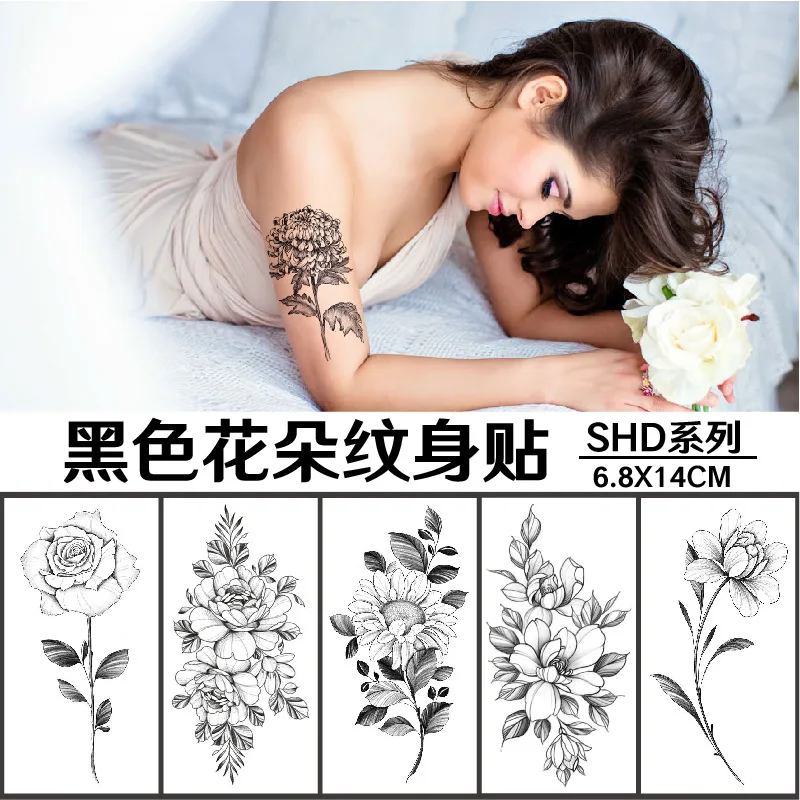 Waterproof Disposable Fake Black White Sketch Flower Melanin Flower Tattoo Female Sexy Art Body Arm Temporary Tattoo Sticker