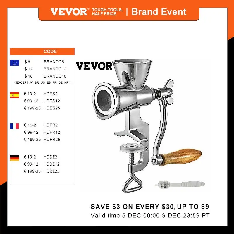 VEVOR Manual Grain Grinder 1.6Inch Thickness Coffee Machine Mill with Hand Crank Table Clamp Design Stainless Steel for Home