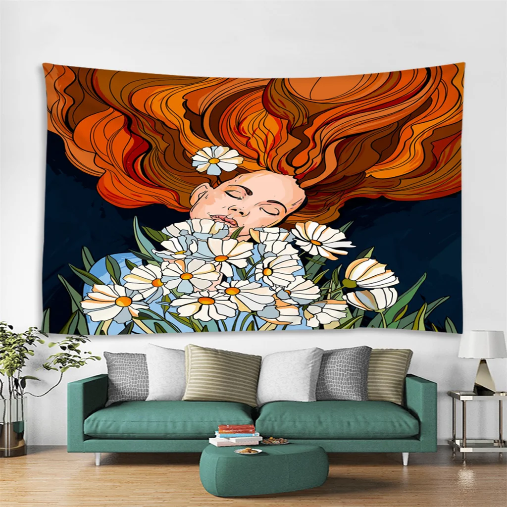 Colorful Flower Dreamy Girl Bohemian Boho Gothic Tapestry Wall Hanging Blanket Custom Vintage Psychedelic Bedroom Livingroom