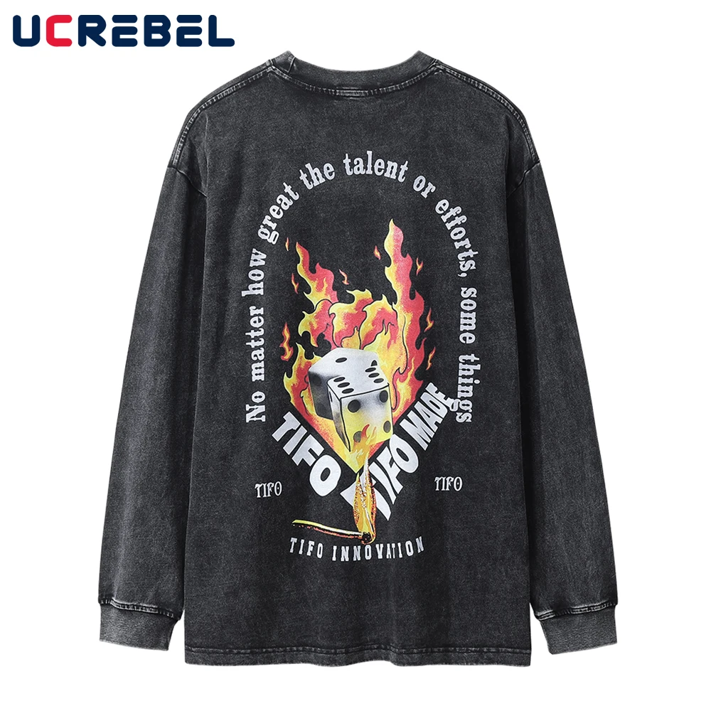 

Flame Print Long Sleeve T-shirt Men High Street Dice Pattern Loose Dome Cotton Tee Autumn Washed Distressed Casual Top Men