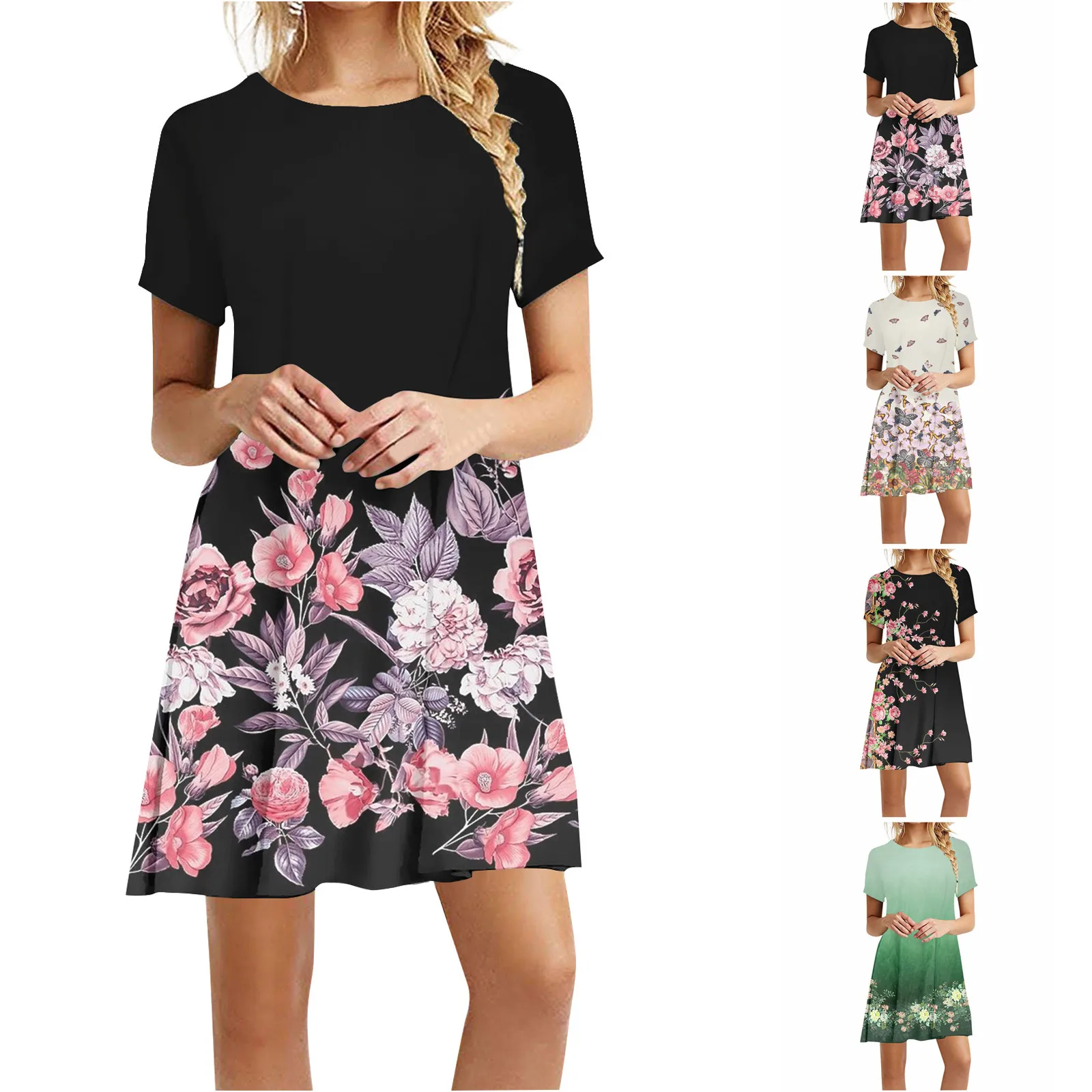 

Women'S Fashion Print Vest Loose Dress Summer Round Neck Beach Skirt Sundress Independent Day Pullover Dress Half Sleeve Dress