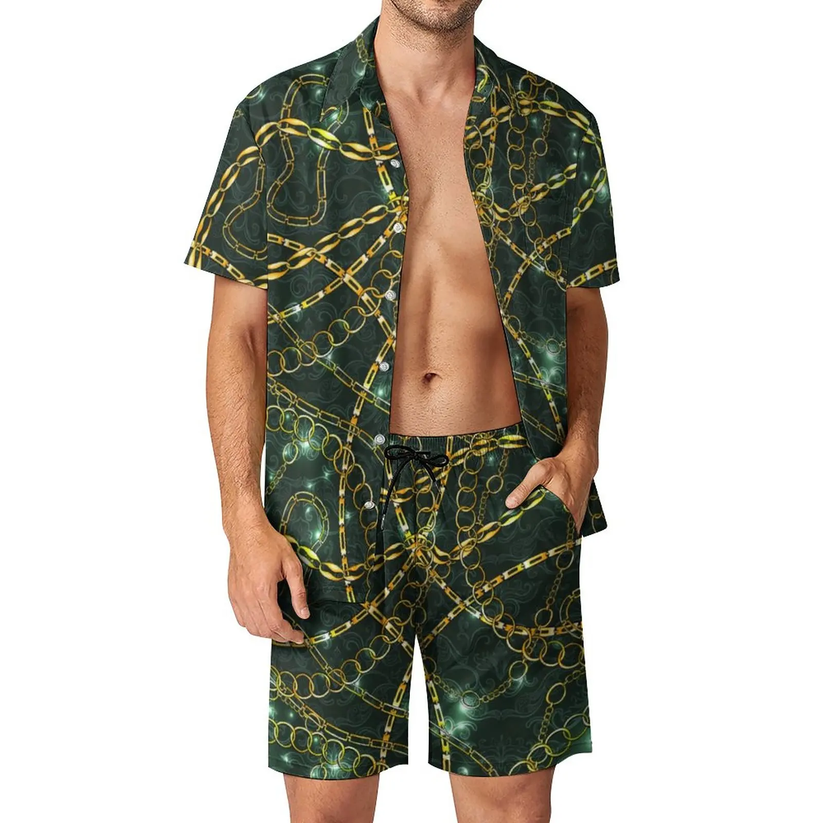 

Golden Chain Print Beach Men Sets Vintage Floral Casual Shirt Set Summer Printed Shorts 2 Piece Cool Suit Plus Size 2XL 3XL