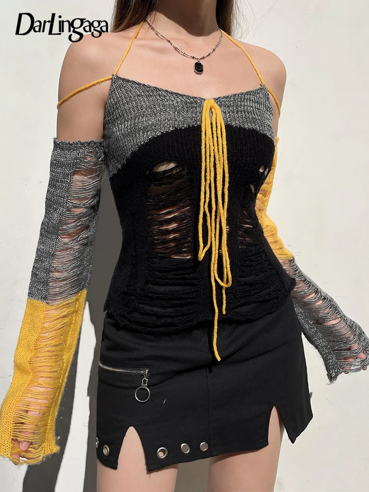 

Darlingaga Grunge Ripped Halter Neck Off Shoulder Women Sweaters Hole Streetwear Knitted Pullover Contrast Hollow Out Knitwear