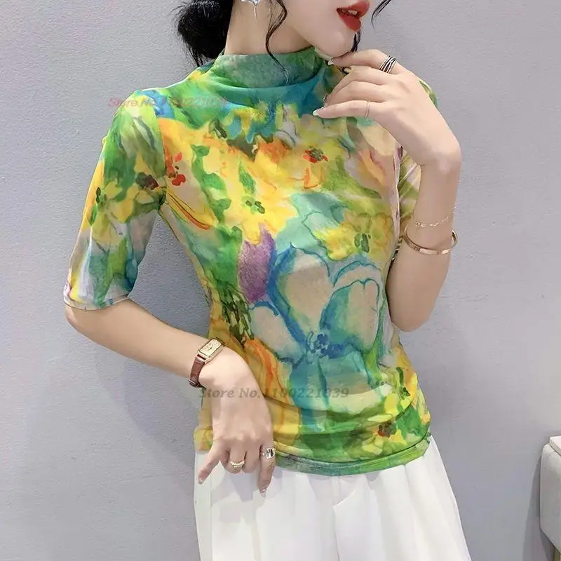 

2023 chinese traditional stand collar mesh shirt national flower print elastic t-shirt chinese ethnic base shirt streetwear