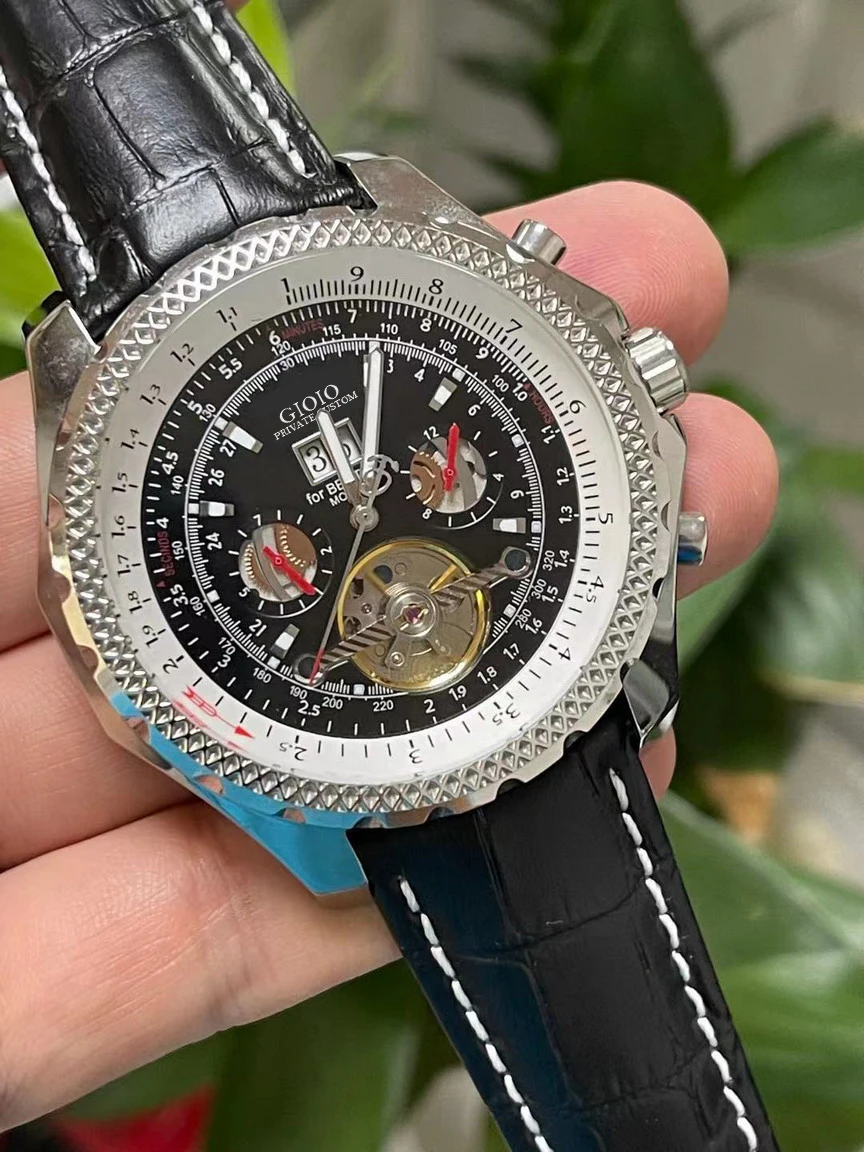 

Men Automatic Mechanical Watch Silver Black Blue Leather Tourbillion