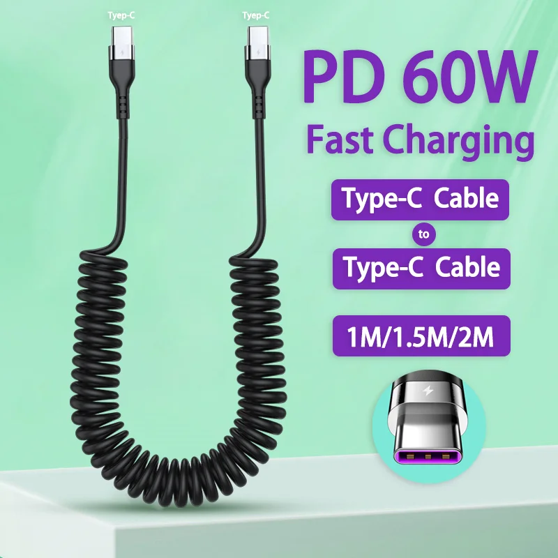 

5A Fast Charging Type C Cable PD 60W USB C to Type-C Spring Telescopic Car USB Cables For iPhone Charger Cord for Samsung Xiaomi