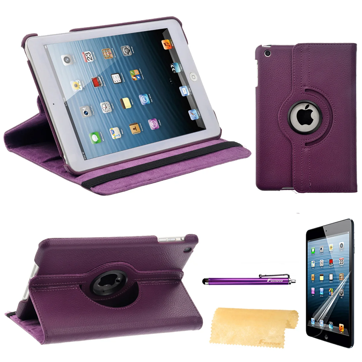 

4-in-1 360-degree Rotating Stand PU Case & Stylus Pen & Screen Guard & Cloth Set for mini (Purple)