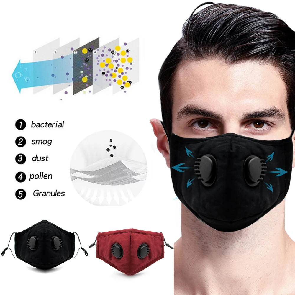 Tcare Fashion Double Breathing Valve Anti Dust Face Mouth Mask Wirh PM 2.5 Activated Carbon Filter Washable Reusable Cotton | Красота и