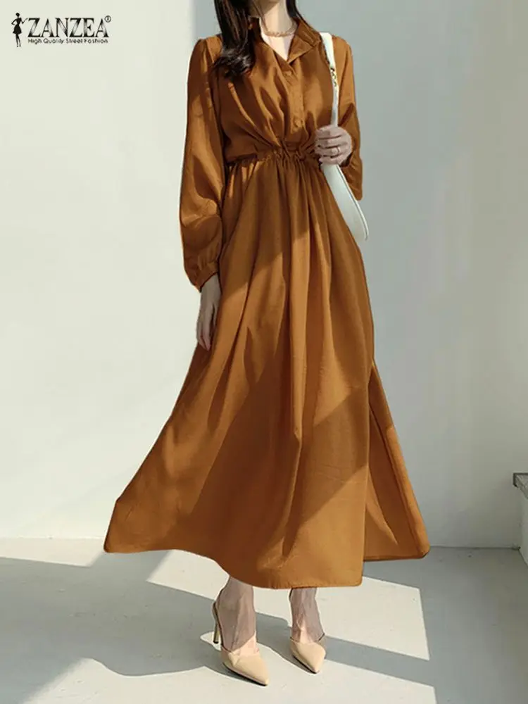 

ZANZEA Baggy A-line Robe Women O-neck Swing Vestido Fashion Puff Sleeve Buttons Shirt Dress Casual Drawstring Waisted Maxi Dress