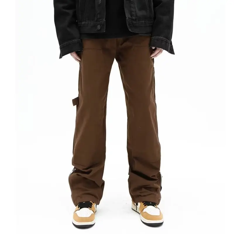 2023 High Street Ankle Zipper Vintage Brown Hip Hop Men Cargo Jeans Pants Y2K Clothes Straight Baggy Long Trousers Ropa Hombre