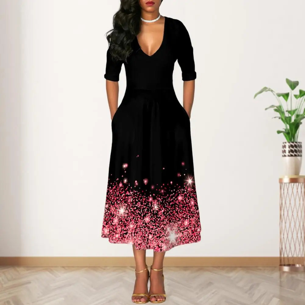 

50%HOTDeep V-Neck Half Sleeve Slant Pockets Waist Tight Large Hem Female Dress Spring Autumn Elegant Shining Print A-Line Midi D