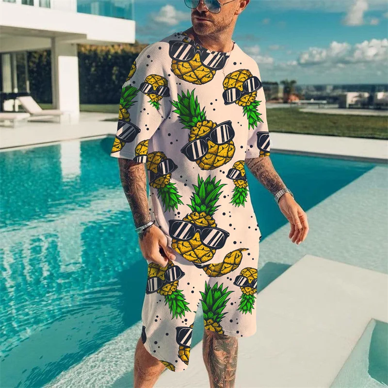 

Футболка с принтом фруктов для мужчин, комплект из 2 предметов, гавайский пляжный комплект с коротким рукавом, модная повседневная быстросохнущая футболка, мужской топ, лето