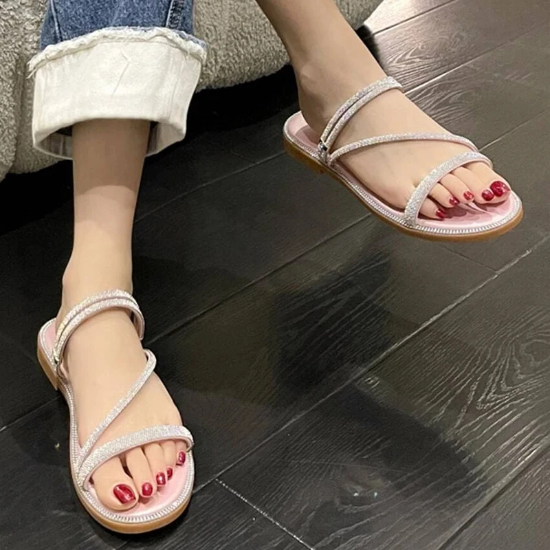2023 New Women Fashion Rhinestone Decor Slide Flat Sandals Airy Sandals Three Style Glamorous Outdoor Sandals Female Shoes