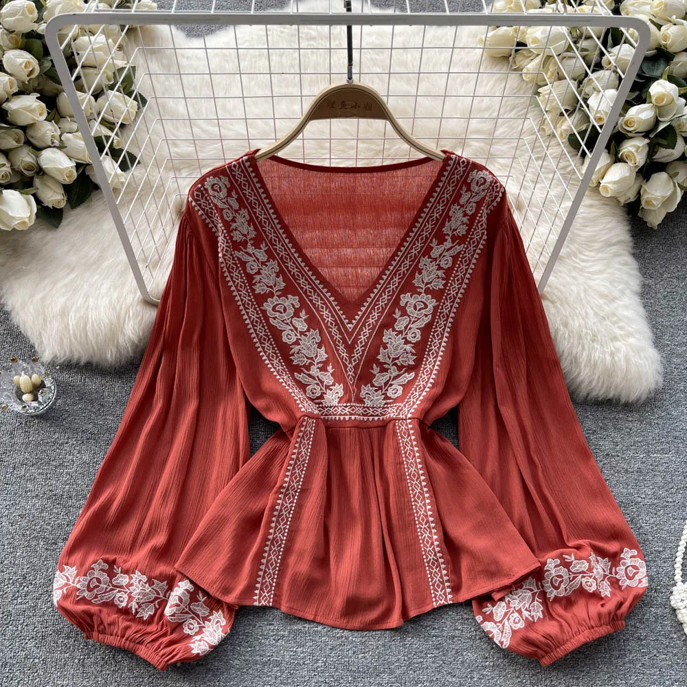 

Новинка весна-осень 2022, маленькая популярная во французском стиле рубашка с V-образным вырезом и рукавами-фонариками, женский топ с принтом