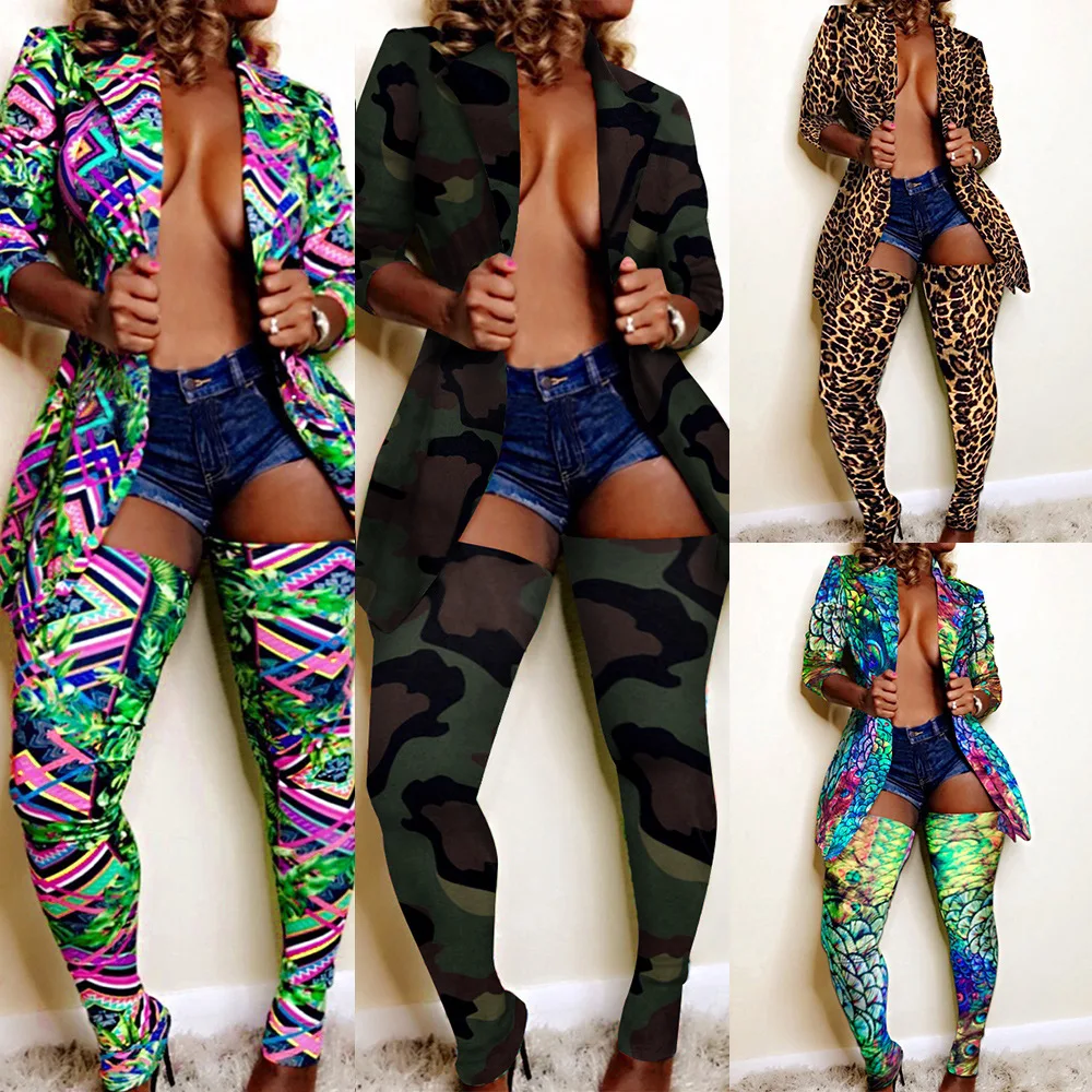 

Women's casual two-piece spring and autumn new fashion printing long-sleeved lapel jacket + Slim long socks pants suit women
