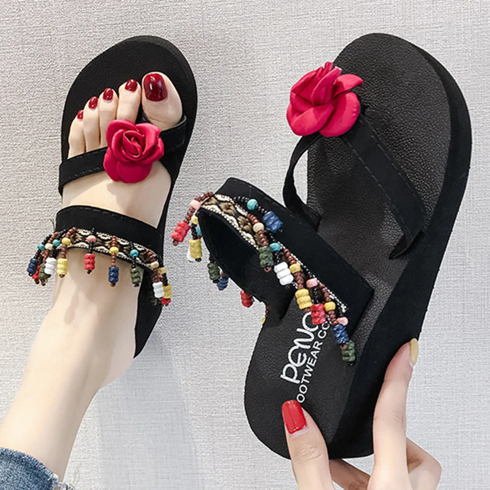 

Босоножки женские в этническом стиле, танкетка на платформе, танкетка с памятью формы, кулон из пены с бусинами, летние сандалии