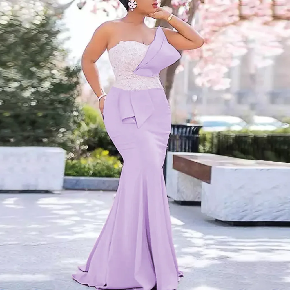 

Purple Mermaid Sexy Long Party Dress 2022 Female Off Shoulder Lace Patchwork Ruffle Peplum Ladies Bodycon Maxi Evening Dresses