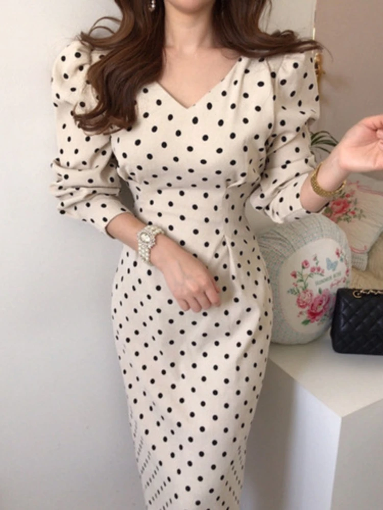 

Dot Print Chinese Dress Korean Fashion Women's Elegant Puffy Long-sleeved High Waist Dress Vintage Corduroy Women's Autumn Vest