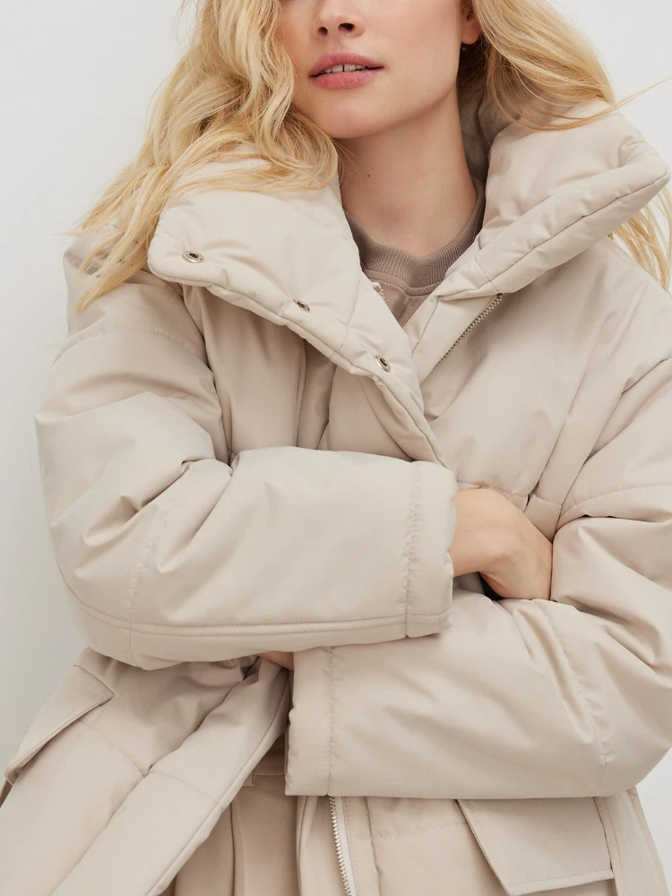Fashion Stand Collar Zip-up Solid Warm Thick Parkas with Belt 2022 Winter Women's Casual Cotton-padded Pockets Office Lady Coats