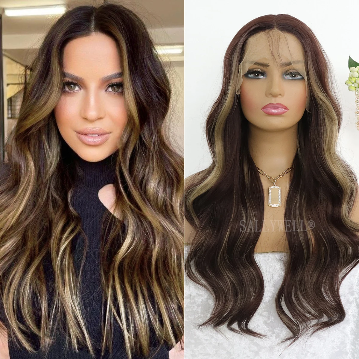 Синтетические темно-коричневые светлые длинные волнистые парики на сетке
