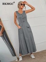 bkmgc solid grey black khaki scoop neck front single breasted skirt slim fitting casual long maxi vest dresses for women 6255