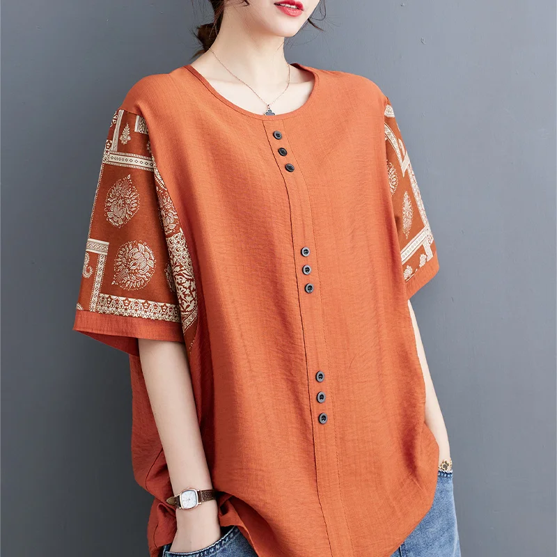 

2023 Spring Summer Short Sleeve O Neck Pullover Button Printing Patchwork Korean Style Lively Office Casual T-shirts for Women