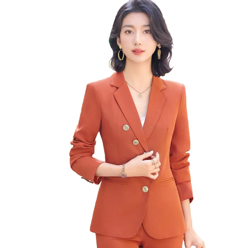 Модный женский брючный костюм оранжевый черный синий хаки женская деловая