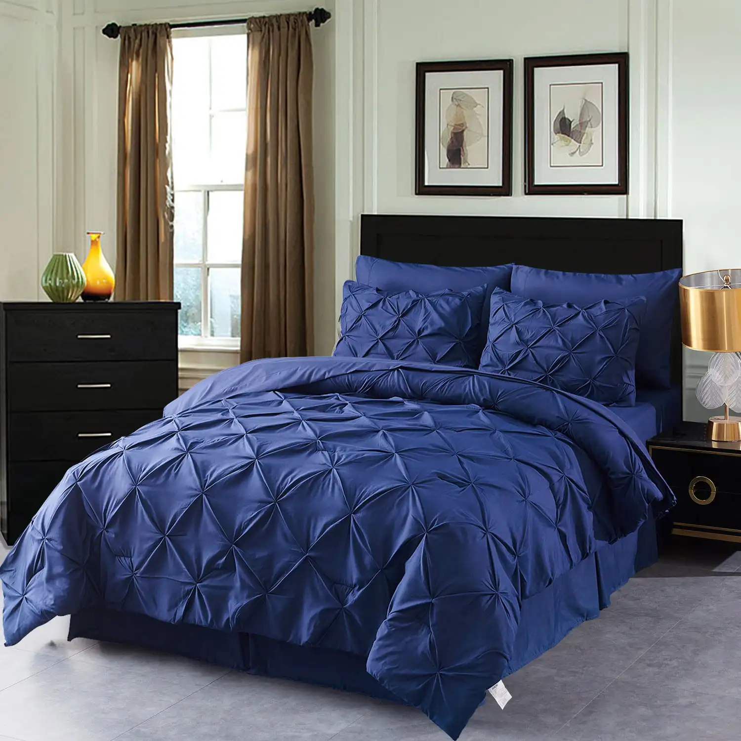 

HAOK Queen Pinch Pleat Comforter Set 8 Piece ,Microfiber Bedding Bed in a Bag,Navy