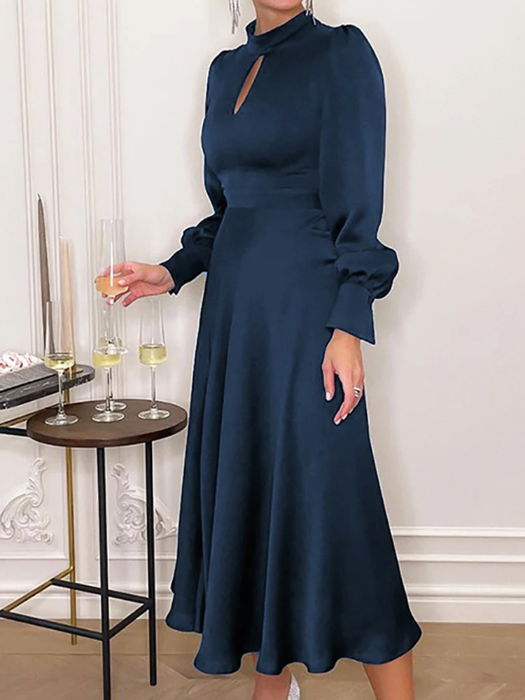 

Spring Women Satin Silk Midi Dress Sexy Hollow Out Stand Neck Lantern Sleeve Dresses Office Lady Elegant High Waist A-line Dress