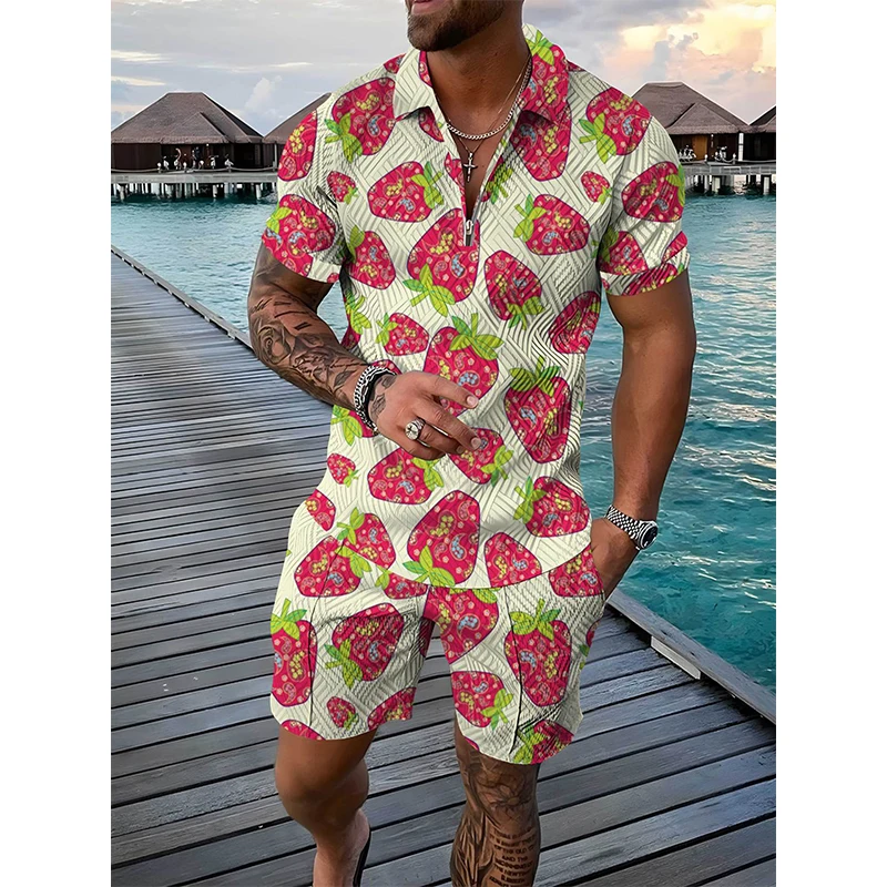 

Men'S Fashion Suit Fruit Print Casual Polo Top+Pants Holiday Streetwear Daily Loose Oversiz Male Clothing Summer Breathable Mesh