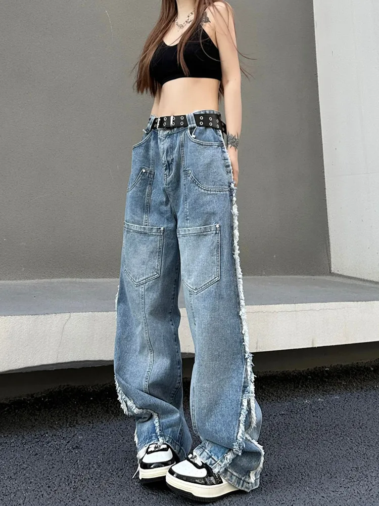 Женские джинсы с карманами голубые мешковатые брюки-карго в Корейском стиле