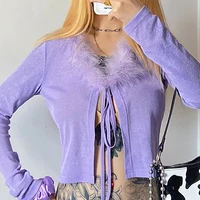 2021 new purple v neck long sleeve cropped tshirt women feathers lace up bow bandage sexy t shirt femme black shirt plush collar