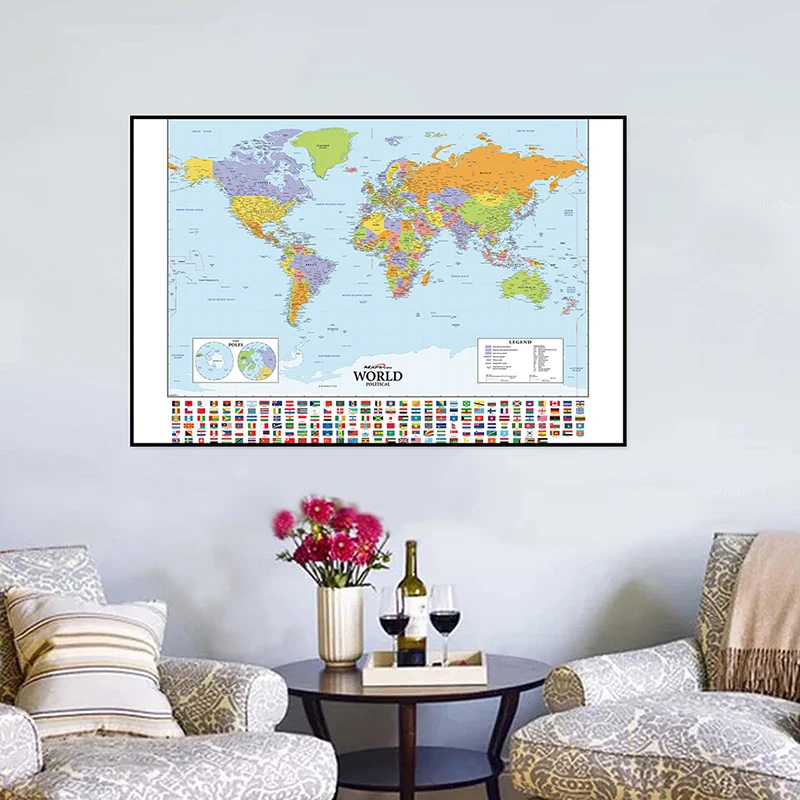 

90*60cm Political Map of The World with National Flags Canvas Painting Wall Posters and Prints School Supplies Home Decor