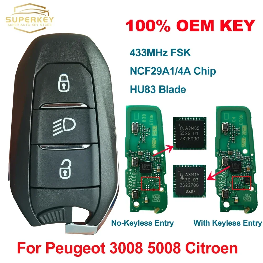 Оригинал для PEUGEOT 208 308 3008 5008 CITROEN C4 C3 Spacetourer 314 85 МГц 433 4A чип фары смарт автомобиль OEM