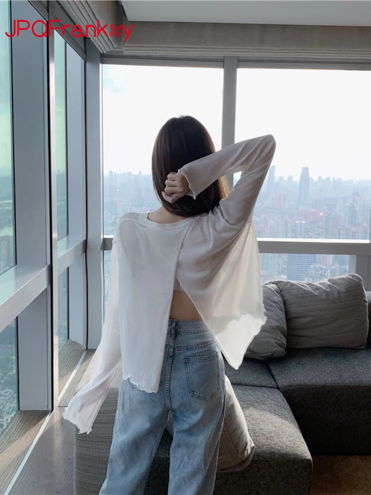 

New Female Summer Students Korean Loose Backless Ice Silk Long Sleeve T-shirt Thin Top Women Clothes Women Clothing Tops