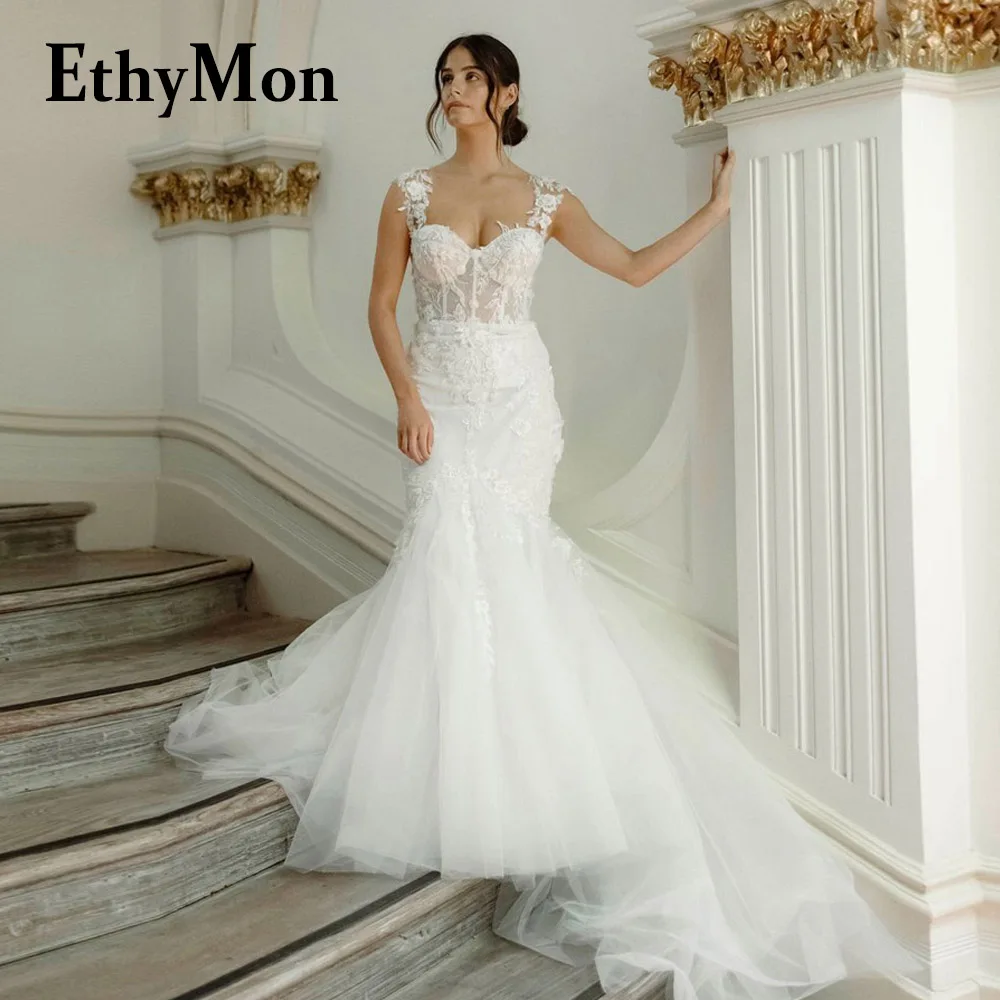 

Ethymon Fancy Mermaid Wedding Gown For Bride Sweetheart Cap Sleeve Lace Appliques Court Train Robe De Mariée Made To Order