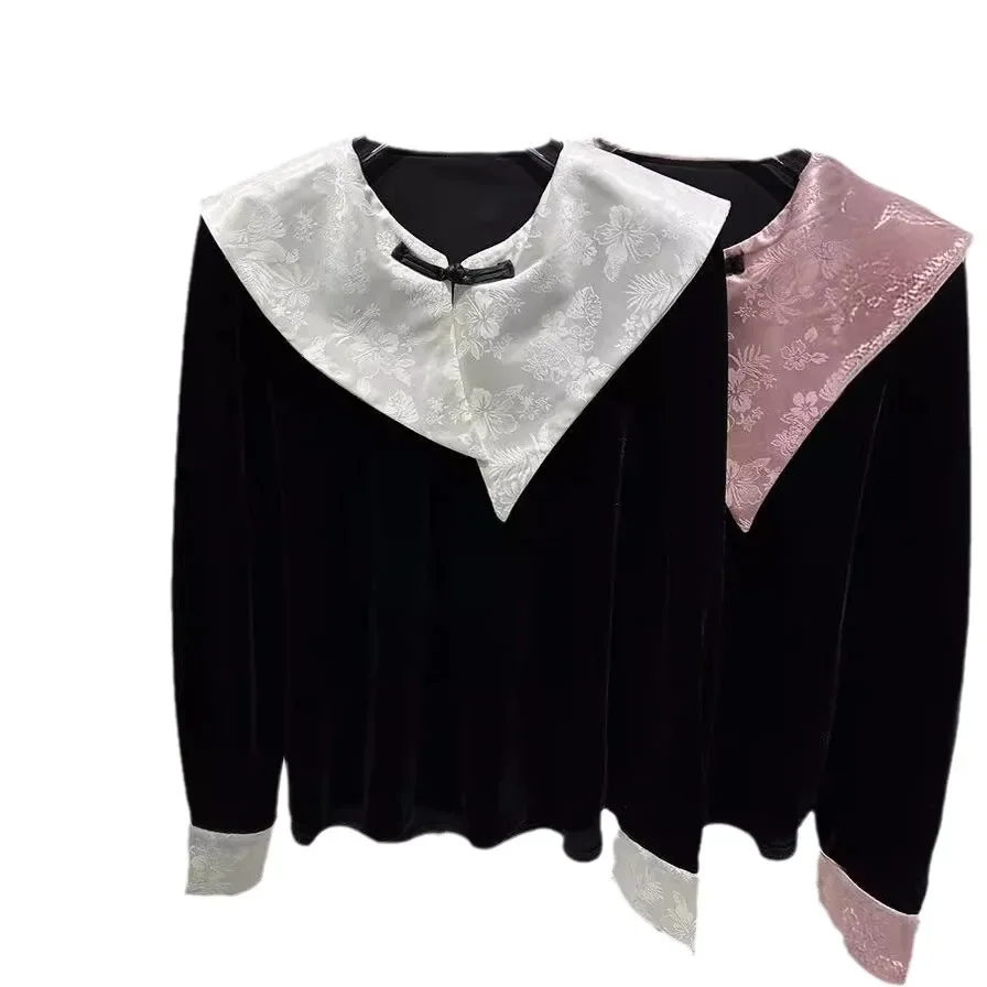 Европейский стиль блокирующий цвет большой лацкан кукольный топ шелковая