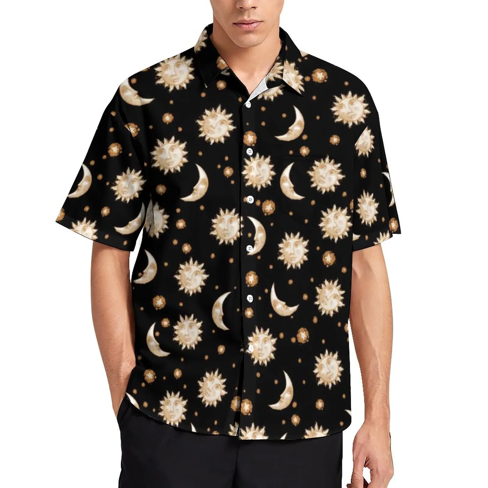 

Vintage Moon Gold Loose Shirt Men Beach Celestial Sun Casual Shirts Hawaiian Graphic Short-Sleeved Cool Oversize Blouses