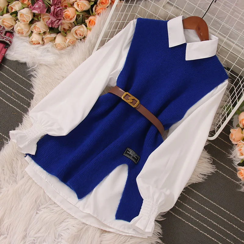 

Western Style Age-reducing Top Suit for Women, Slit Knitted Vest, Monochrome Long-sleeved Shirt, New Fashion, Spring and Autumn