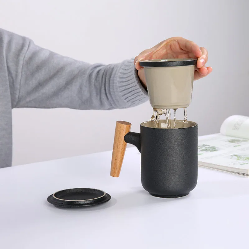 

Black Office mug With Lid Large Capacity Ceramic Filter Cup Liner Simple Bottle For Water Coffee Travel Mug Cup Free shipping