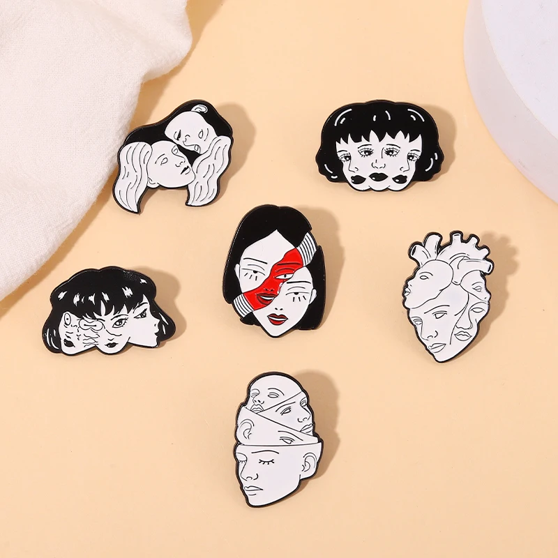 

Organ Heart Enamel Brooch Movie Girl Pin Divisive Face Custom Multiple Head Girls Tomie Lapel Accessories Jewelry Friend Gifts