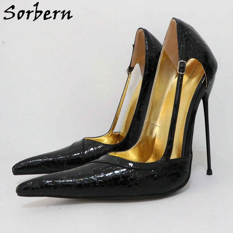

Sorbern Black Stone 16cm High Heels Pumps Hollow Out Pointed Toe Shoes Designer Style Night Club Footwear For Sissy Boy