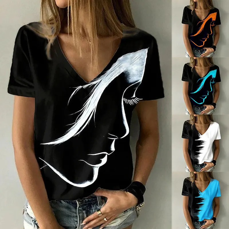 

New Women's T-Shirt 3D Abstract Printed Tops V Neck Casual Oversized Tshirt Femme Loose Vintage Short Sleeve Mujer Camisetas