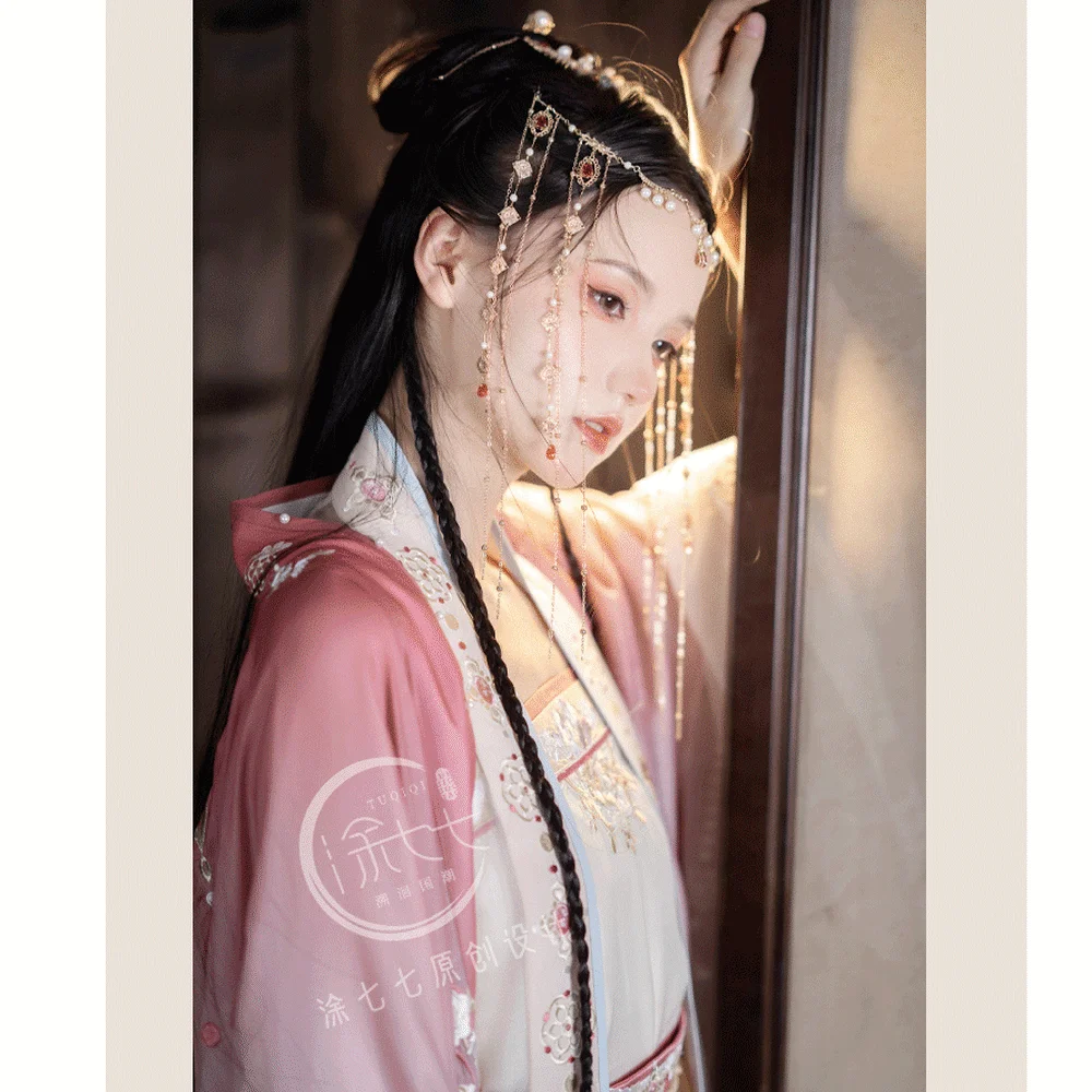 TuQiQi Women's Chinese Pink Embroidery Big Shirt Epleated Skirt Song Dynasty Fairy Hanfu Sling Female Dance Costume Dress Set |