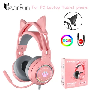 pink girls cat headphones with mic for laptop rgb led noise reduced stereo pc headset gamer for ps4 phone xbox tablet kid gift free global shipping