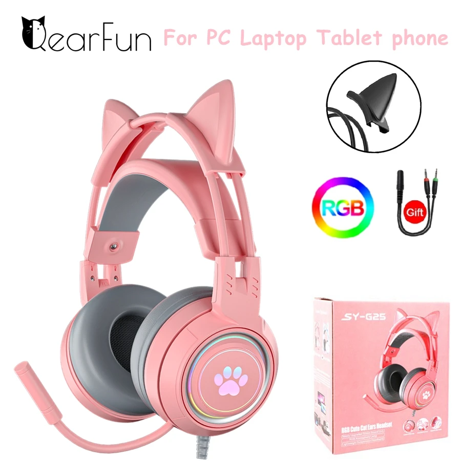 Игровые наушники Pink Girls Cat с микрофоном для ноутбука RGB LED шумоподавлением Стерео